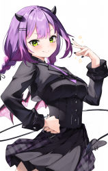 Rule 34 | 1girl, absurdres, black nails, black shirt, black skirt, blush, closed mouth, cowboy shot, demon girl, demon horns, demon tail, demon wings, green eyes, hair ornament, hairclip, hand on own hip, highres, hololive, horns, looking at viewer, multicolored hair, nail polish, necktie, piercing, pink hair, pleated skirt, purple hair, purple necktie, shirt, simple background, skirt, smile, solo, sparkle, standing, tail, tail ornament, tail piercing, tokoyami towa, two-tone hair, utacha, v-shaped eyebrows, virtual youtuber, white background, wings