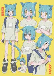 Rule 34 | 1girl, ?, animal, animal ear fluff, animal ears, animal print, backpack, bag, black eyes, black footwear, blue bag, blue hair, blush, cat print, cellphone, character name, closed mouth, clothes writing, collarbone, crossed arms, crying, crying with eyes open, earbuds, earphones, fang, fish, fish in mouth, food in mouth, hair between eyes, hamafugu, highres, holding, holding animal, holding fish, holding phone, charm (object), light blue hair, medium hair, open mouth, original, phone, pout, puffer fish, shoes, simple background, sketch, skin fang, sneakers, solo, tail, tears, yellow background, yellow eyes