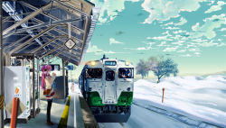 Rule 34 | 1girl, blue eyes, blurry, breath, can, cloud, cold, day, depth of field, drink, headset, highres, long hair, megurine luka, miniskirt, pink hair, rail (silverbow), school uniform, silver bow, skirt, sky, snow, solo, tactile paving, train, train station, vending machine, very long hair, vocaloid, waiting