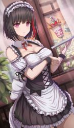 Rule 34 | 1girl, alternate costume, apron, bad id, bad twitter id, bang dream!, bare shoulders, black dress, black hair, breasts, cleavage, closed mouth, commentary request, cowboy shot, detached collar, detached sleeves, dress, enmaided, food, frilled apron, frills, fruit, glass, highres, holding, holding tray, large breasts, looking at viewer, maid, maid apron, maid headdress, mitake ran, multicolored hair, narafume, parfait, plant, puffy short sleeves, puffy sleeves, purple eyes, red hair, red ribbon, ribbon, short hair, short sleeves, solo, standing, strawberry, streaked hair, sweat, tray, two-tone hair, waist apron, wrist cuffs