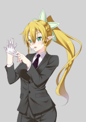 Rule 34 | 10s, 1girl, akage, bad id, bad pixiv id, blonde hair, braid, cigarette, contemporary, formal, gloves, green eyes, leafa, long hair, pointy ears, ponytail, side braid, solo, suit, sword art online, twin braids