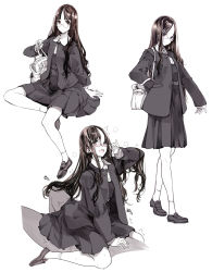 Rule 34 | bag, black hair, blush, brown eyes, brown hair, clothed sex, endou okito, forehead, glasses, hand on own hip, highres, long hair, mary janes, monochrome, multiple views, original, parted bangs, school bag, school uniform, shadow, shoes, sitting, smile, socks, straddling, surprised, sweat, tongue, white background