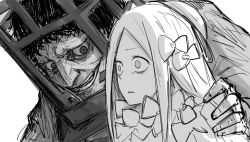 Rule 34 | 1boy, 1girl, abigail williams (fate), bloodborne, bow, crossover, fate/grand order, fate (series), greyscale, grin, hair bow, hand on another&#039;s shoulder, kankan33333, long hair, micolash host of the nightmare, monochrome, parted lips, smile, wide-eyed