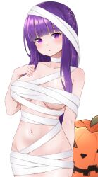 Rule 34 | 1girl, amepon, bandages, bare shoulders, blunt bangs, blush, breasts, collarbone, commentary, cowboy shot, english commentary, fern (sousou no frieren), halloween, halloween costume, hand up, highres, large breasts, long hair, looking at viewer, mummy costume, naked bandage, navel, pumpkin, purple eyes, purple hair, simple background, solo, sousou no frieren, underboob, white background