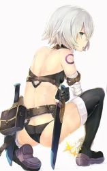 Rule 34 | 1girl, :o, ass, bandaged arm, bandages, bare shoulders, belt, black bra, black gloves, black panties, black thighhighs, bra, butt crack, dagger, fate/apocrypha, fate (series), from behind, full body, gloves, green eyes, jack the ripper (fate/apocrypha), knife, looking at viewer, looking back, on one knee, panties, pouch, profile, sheath, shoes, short hair, silver hair, simple background, single glove, solo, sumisu (mondo), tattoo, thighhighs, underwear, weapon, white background