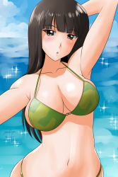 Rule 34 | 10s, 1girl, 2018, arm behind head, arm up, bikini, black hair, blush, breasts, brown eyes, camouflage, camouflage bikini, cleavage, cloud, collarbone, dated, girls und panzer, green bikini, large breasts, long hair, looking at viewer, matsui yasutsugu, mature female, navel, nishizumi shiho, ocean, october, open mouth, sky, sparkle, standing, swimsuit, water
