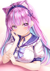Rule 34 | 1girl, ahoge, anchor hair ornament, animal ear fluff, animal ears, blue bow, blue bowtie, blue hair, blush, bow, bowtie, braid, breasts, cat ears, cat girl, choker, collarbone, colored inner hair, commentary, dress shirt, hair ornament, hairband, hand on own cheek, hand on own face, head rest, highres, hololive, large breasts, long hair, looking at viewer, minato aqua, minato aqua (sailor), multicolored hair, pink eyes, pink hair, puffy short sleeves, puffy sleeves, purple ribbon, purple sailor collar, ribbon, ribbon choker, sailor collar, school uniform, serafuku, shirt, short sleeves, smile, solo, streaked hair, virtual youtuber, white shirt, yuano
