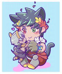 Rule 34 | 2boys, :&gt;, ancient greek clothes, animal ears, animal hands, astraea f, black hair, cat ears, cat tail, chibi, extra ears, gloves, greco-roman clothes, green eyes, hades (series), hades 1, heart, heterochromia, kemonomimi mode, kiss, kissing cheek, laurel crown, male focus, mini person, miniboy, mouse ears, mouse tail, multiple boys, paw gloves, red eyes, sitting, skull, tail, thanatos (hades), white hair, yaoi, zagreus (hades)
