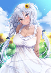 Rule 34 | 1girl, absurdres, alternate costume, black nails, blue sky, blurry, blurry background, breasts, dark-skinned female, dark skin, day, dress, flower, glasses, graphite (medium), hair flower, hair ornament, highres, kantai collection, large breasts, long hair, looking at viewer, mashiro yukiya, millipen (medium), musashi (kancolle), musashi kai ni (kancolle), nail polish, outdoors, red eyes, sky, smile, solo, sundress, sunflower, traditional media, twintails, yellow flower