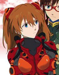 Rule 34 | 2girls, alternate hairstyle, artist request, blue eyes, bodysuit, breasts, brown hair, closed mouth, collarbone, covered collarbone, evangelion: 3.0+1.0 thrice upon a time, hair between eyes, long hair, looking to the side, medium breasts, multiple girls, neon genesis evangelion, official alternate costume, plugsuit, rebuild of evangelion, red bodysuit, simple background, souryuu asuka langley, tube, twintails, very long hair