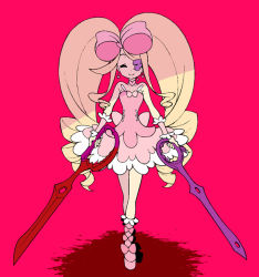 Rule 34 | 10s, 1girl, bad id, bad pixiv id, big hair, blonde hair, boots, bow, closed eyes, dress, drill hair, dual wielding, earrings, eyepatch, hair bow, harime nui, holding, jewelry, kill la kill, lolita fashion, long hair, pink background, pink bow, pink footwear, ribbon, scissor blade (kill la kill), smile, solo, strapless, strapless dress, twin drills, twintails, wagga, weapon, wrist cuffs