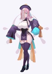 Rule 34 | 1girl, absurdres, bare shoulders, bow, breasts, cleavage, cleavage cutout, clothing cutout, crop top, crossed legs, footwear bow, ghost pose, green eyes, halterneck, hat, highres, jiangshi, large breasts, long sleeves, looking at viewer, moco (moco 28), ofuda, original, pelvic curtain, pink hair, purple thighhighs, qingdai guanmao, shoes, short hair, shrug (clothing), side slit, skindentation, sleeves past fingers, sleeves past wrists, standing, tailcoat, talisman, tank top, thighhighs, w arms, watson cross