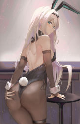 Rule 34 | 1girl, an-94 (girls&#039; frontline), animal ears, aqua eyes, ass, ass grab, backless leotard, bare shoulders, black leotard, black ribbon, blush, breasts, bridal gauntlets, brown pantyhose, closed mouth, cowboy shot, detached collar, fake animal ears, fake tail, from behind, girls&#039; frontline, grabbing own ass, gradient background, grey background, highres, leotard, long hair, looking at viewer, looking back, medium breasts, nail polish, pantyhose, pink nails, playboy bunny, rabbit ears, rabbit tail, ribbon, ru zhai, side-tie leotard, sideboob, silver hair, solo, table, tail, thigh strap, very long hair, wrist cuffs