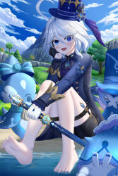 Rule 34 | 1girl, :d, absurdres, ahoge, asymmetrical gloves, barefoot, black gloves, black shorts, blue eyes, blue hair, blue headwear, blue jacket, blue sky, cloud, commentary request, day, furina (genshin impact), genshin impact, gloves, grass, hat, highres, holding, holding scepter, jacket, knees up, long sleeves, looking at viewer, mismatched gloves, open mouth, outdoors, scepter, short hair, short shorts, shorts, sitting, sky, skym (kumei), smile, thigh strap, thighs, top hat, tree, white gloves