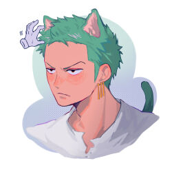Rule 34 | 1boy, animal ears, blush, cat boy, cat ears, cat tail, disembodied hand, earrings, frown, green hair, highres, jewelry, light frown, looking to the side, male focus, one piece, roronoa zoro, shirt, short hair, simple background, single earring, sweatdrop, tail, towne, upper body, v-shaped eyebrows, white background, white shirt