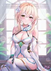 Rule 34 | 1girl, bare shoulders, blonde hair, blush, breasts, cleavage, closed mouth, eric (tianqijiang), flower, genshin impact, hair flower, hair ornament, highres, large breasts, looking at viewer, lumine (genshin impact), medium hair, navel, signature, sitting, smile, solo, thighhighs, thighs, white thighhighs, window, yellow eyes