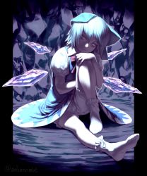 Rule 34 | backless outfit, backlighting, bare arms, bare legs, bloomers, blouse, blue dress, blue eyes, blue hair, bow, cirno, closed mouth, dress, envenomist (gengoroumaru), full body, hair bow, hand on own knee, head rest, head tilt, ice, ice wings, knee up, medium hair, outstretched leg, pillarboxed, puffy short sleeves, puffy sleeves, shirt, short dress, short sleeves, sitting, socks, solo, touhou, underwear, white bloomers, white shirt, wings