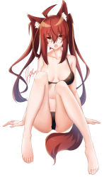 Rule 34 | 1girl, :o, ahoge, animal ears, bare arms, bare legs, bare shoulders, barefoot, black bra, black panties, blush stickers, bra, breasts, breasts apart, brown eyes, brown hair, collarbone, dated, fox ears, fox tail, full body, hair between eyes, kitsune, long hair, looking at viewer, medium breasts, off shoulder, open mouth, original, panties, signature, simple background, sitting, solo, tail, tilt-shift (azalanz), twintails, underwear, underwear only, very long hair, white background