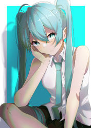 Rule 34 | 1girl, absurdres, ahoge, aqua background, aqua eyes, aqua hair, aqua necktie, arm support, bare arms, bare legs, bare shoulders, black skirt, cheek rest, closed mouth, collared shirt, commentary, dress shirt, elbow on knee, expressionless, framed, hair between eyes, hand on own cheek, hand on own face, hatsune miku, head on hand, highres, huge filesize, long hair, looking at viewer, mumei (mumei 7743), necktie, no detached sleeves, noise, pleated skirt, shadow, shirt, simple background, sitting, skirt, sleeveless, sleeveless shirt, solo, twintails, very long hair, vocaloid, white background, white shirt