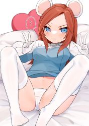 Rule 34 | ..., 1girl, animal ears, animification, annoyed, apex legends, ashleigh reid, blue eyes, blue jacket, breasts, brown hair, double v, gloves, heart, heart-shaped pillow, highres, jacket, long hair, looking at viewer, lying, medium breasts, mouse ears, nagoooon 114, navel, on back, pillow, solo, speech bubble, spoken ellipsis, thighhighs, v, v-shaped eyebrows, white gloves, white thighhighs