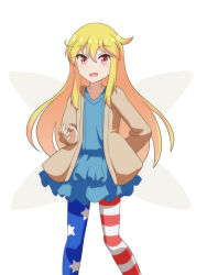 Rule 34 | 1girl, alternate costume, american flag legwear, arm behind back, arm up, blonde hair, blue dress, brown jacket, cato (monocatienus), clownpiece, commentary request, contemporary, dress, fairy wings, fang, feet out of frame, hair between eyes, jacket, layered dress, long hair, looking at viewer, no headwear, no headwear, open clothes, open jacket, open mouth, red eyes, simple background, skin fang, solo, standing, touhou, very long hair, white background, wings