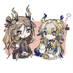 Rule 34 | 2girls, :d, arknights, blue hair, brown eyes, brown gloves, brown hair, character request, chibi, collared shirt, cropped torso, cup, ear piercing, earrings, eighth note, gloves, grey eyes, hair between eyes, holding, holding saucer, horns, jewelry, long hair, long sleeves, mole, mole under eye, multicolored hair, multiple girls, musical note, open mouth, piercing, pointy ears, saucer, shirt, shu (arknights), smile, streaked hair, sulfurrr, upper body, white background, white shirt, zhi (arknights)