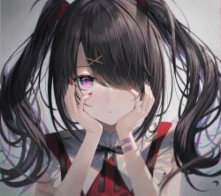 Rule 34 | 1girl, ame-chan (needy girl overdose), bandaid, bandaid on arm, black bow, black bowtie, black hair, black nails, bow, bowtie, closed mouth, hair ornament, hair over one eye, hands on own cheeks, hands on own face, highres, long hair, looking at viewer, multicolored nails, nail polish, needy girl overdose, purple eyes, red nails, red shirt, rin yuu, shirt, simple background, solo, twintails, upper body, x hair ornament