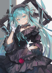 Rule 34 | 1girl, absurdres, aqua eyes, aqua hair, aqua ribbon, asymmetrical gloves, black butterfly, black choker, black dress, black gloves, black hairband, blinklikeer, bow-shaped hair, bug, butterfly, choker, dress, flower, frilled choker, frilled dress, frilled hairband, frills, gloves, gothic lolita, grin, hairband, hand up, hatsune miku, head tilt, highres, holding, holding flower, insect, lolita fashion, lolita hairband, long hair, looking at viewer, mismatched gloves, neck ribbon, picture frame, red flower, red rose, ribbon, rose, smile, solo, twintails, upper body, very long hair, vocaloid, white background, white gloves, wide sleeves