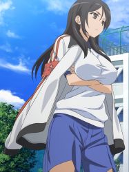 Rule 34 | 1girl, :&lt;, armband, black hair, breast hold, breasts, brown eyes, crossed arms, fukiyose seiri, gym uniform, jacket, jacket on shoulders, large breasts, long hair, red armband, screencap, shorts, solo, stitched, third-party edit, toaru majutsu no index, toaru majutsu no index: old testament, track jacket