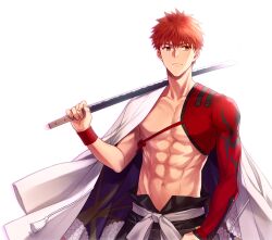 Rule 34 | 1boy, abs, black pants, chimachi, closed mouth, clothing request, emiya shirou, fate/grand order, fate (series), hand up, highres, holding, holding sword, holding weapon, igote, looking at viewer, male focus, navel, orange hair, over shoulder, pants, senji muramasa (fate), short hair, solo, sword, weapon, weapon over shoulder, white background, yellow eyes