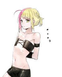 Rule 34 | ..., 1boy, ahoge, alternate hairstyle, androgynous, bad id, bad twitter id, bare shoulders, blonde hair, collarbone, erubo, male focus, multicolored hair, navel, original, pink hair, restrained, short shorts, shorts, solo, split-color hair, theodor bachstein, trap