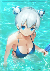 Rule 34 | 1girl, aduo, bikini, blue bikini, blue eyes, breasts, cleavage, closed mouth, collarbone, double bun, food, hair between eyes, hair bun, halterneck, highres, holding, holding food, ice cream, large breasts, looking at viewer, partially submerged, short hair, silver hair, smile, solo, swimsuit, twitter username, watermark