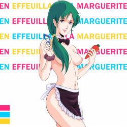 Rule 34 | 1980s (style), 1girl, apron, bad id, bad pixiv id, blue eyes, bow, bowtie, breasts, carrot, detached collar, french text, green eyes, green hair, holding, holding carrot, jenius milia, jewelry, lady-steady-go, lips, long hair, macross, matching hair/eyes, medium breasts, meltrandi, naked apron, navel, necktie, nipples, oldschool, peeler, ponytail, retro artstyle, ring, scrunchie, simple background, small areolae, small nipples, smile, solo, text focus, topless, waeba yuusee, waist apron, wrist scrunchie, zentradi