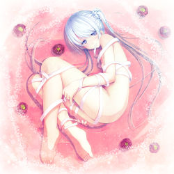 Rule 34 | 1girl, aruciii, ass, barefoot, blue eyes, blue hair, blush, breasts, fetal position, flower, full body, gradient background, legs, lying, matching hair/eyes, mouth hold, naked ribbon, nipples, nude, on side, plantar flexion, ribbon, small breasts, solo, twintails, water