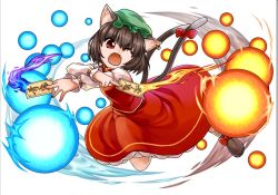 Rule 34 | 1girl, animal ears, bow, brown hair, cat ears, cat girl, cat tail, chen, danmaku, dress, earrings, energy ball, fang, full body, hat, jewelry, juliet sleeves, long sleeves, looking at viewer, mob cap, multiple tails, nekomata, ofuda, one eye closed, open mouth, phenne, puffy sleeves, red bow, red dress, red eyes, short hair, single earring, solo, tail, tail bow, tail ornament, touhou, two tails, white background