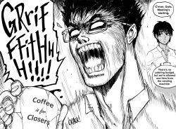 Rule 34 | 1boy, 1girl, 1koma, absurdres, alternate costume, alternate universe, angry, bb (baalbuddy), berserk, bespectacled, blank eyes, casca (berserk), coffee mug, collared shirt, comic, crack, crushing, cup, dark-skinned female, dark skin, english text, glasses, greyscale, guts (berserk), highres, holding, holding cup, looking at another, male focus, monochrome, mug, open mouth, parody, pencil skirt, right-to-left comic, scene reference, shirt, shouting, skirt, speed lines, teeth, wing collar