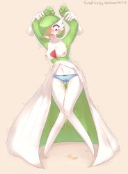 Rule 34 | 1girl, absurdres, armpits, artist name, beige background, blue panties, blush, bow, bow panties, breasts, collarbone, creatures (company), disembodied limb, eifie, fang, female focus, full body, game freak, gardevoir, gen 3 pokemon, green hair, hands up, have to pee, highres, knees together feet apart, looking down, medium breasts, navel, nintendo, nipples, open mouth, panties, peeing, peeing self, pokemon, pokemon (creature), pokemon rse, red bow, red eyes, restrained, short hair, simple background, solo, standing, sweat, teeth, text focus, thigh gap, topless, trembling, underwear, watermark, web address, wet, wet clothes, wet panties