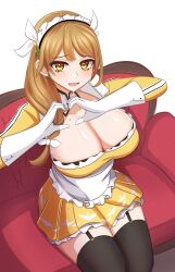 Rule 34 | 1girl, apron, braid, breasts, brown hair, cleavage, cleavage cutout, clothing cutout, fire emblem, fire emblem engage, frilled apron, frills, gloves, goldmary (fire emblem), heart, heart hands, highres, kirby lord, large breasts, looking at viewer, low-braided long hair, low-tied long hair, maid, maid apron, maid headdress, medium hair, nintendo, open mouth, side braid, skirt, smile, solo, thighhighs, white gloves, yellow eyes