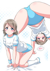 Rule 34 | 10s, 1girl, all fours, arm support, armband, ass, blouse, blue eyes, blush, breasts, buruma, character name, collarbone, embarrassed, from below, grey hair, gym uniform, halftone, halftone background, highres, kneehighs, looking at viewer, love live!, love live! sunshine!!, medium breasts, multiple views, nail polish, navel, polka dot, polka dot background, shirt, shoes, short hair, short sleeves, socks, speech bubble, spread legs, striped clothes, striped shirt, sweatband, uwabaki, watanabe you, white footwear, white shirt, white socks, yopparai oni