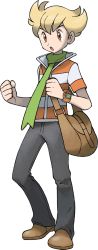 Rule 34 | 1boy, :o, bag, barry (pokemon), blonde hair, brown bag, brown footwear, creatures (company), full body, game freak, green scarf, grey pants, highres, holding strap, jacket, male focus, nintendo, official art, open mouth, orange eyes, pants, pokemon, pokemon dppt, scarf, shoes, short hair, short sleeves, shoulder bag, solo, standing, striped clothes, striped jacket, sugimori ken, tongue, transparent background