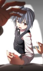 Rule 34 | 10s, 1girl, admiral (kancolle), bad id, bad twitter id, blurry, brown eyes, depth of field, dress, eyes visible through hair, from above, grey hair, kantai collection, kasumi (kancolle), kinosuke (sositeimanoga), long hair, looking at viewer, open mouth, pinafore dress, pov, remodel (kantai collection), side ponytail, skirt, sleeveless dress, solo focus