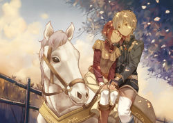 Rule 34 | 1boy, 1girl, ^ ^, absurdres, akagami no shirayukihime, animal, belt, boots, brooch, cheese kang, closed eyes, closed mouth, cloud, dappled sunlight, fence, grey eyes, hair between eyes, hetero, highres, holding, horse, horseback riding, jewelry, knee boots, leaning on person, leaning to the side, long sleeves, looking at another, multiple riders, pants, plant, red hair, revision, riding, shirayuki (akagami no shirayukihime), short hair, sidesaddle, silver hair, sky, smile, sunlight, tree, tree shade, white pants, zen wistalia