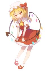 Rule 34 | 1girl, absurdres, ascot, blonde hair, blush, collared shirt, crystal, fang, flandre scarlet, frilled sleeves, frills, full body, hat, highres, laevatein (touhou), long hair, mang, mob cap, one side up, open mouth, puffy short sleeves, puffy sleeves, red eyes, red footwear, red skirt, red vest, shirt, shoes, short sleeves, simple background, skin fang, skirt, smile, socks, solo, touhou, vest, white background, white hat, white shirt, white socks, wings, wrist cuffs, yellow ascot