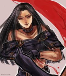 Rule 34 | 1boy, asymmetrical gloves, bare shoulders, belt buckle, black hair, buckle, choker, gloves, guilty gear, highres, long hair, looking at viewer, male focus, rayvatein, red eyes, smile, solo, straight hair, studded choker, testament (guilty gear), uneven gloves