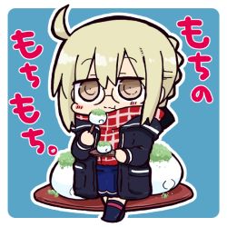 Rule 34 | 1girl, :t, ahoge, artoria pendragon (fate), black jacket, blue background, blue skirt, blue thighhighs, blush, braid, brown eyes, chibi, closed mouth, commentary request, eating, fate/grand order, fate (series), food, fringe trim, full body, glasses, hair between eyes, holding, holding food, holding plate, jacket, kasuga yuuki, light brown hair, mysterious heroine x alter (fate), mysterious heroine x alter (first ascension) (fate), open clothes, open jacket, outline, plaid, plaid scarf, plate, pleated skirt, red scarf, scarf, sidelocks, skirt, solo, standing, thighhighs, translation request, two-tone background, wavy mouth, white background, white outline