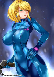 Rule 34 | 1girl, blonde hair, blurry, blush, bodysuit, breasts, cameltoe, covered erect nipples, covered navel, cowboy shot, curvy, depth of field, female focus, finger on trigger, from side, glowing, green eyes, gun, hair between eyes, hair tie, hand on own hip, handgun, high ponytail, holding, holding gun, holding weapon, huge breasts, impossible bodysuit, impossible clothes, janong, large breasts, long hair, looking at viewer, metroid, mole, mole under mouth, narrow waist, nintendo, open mouth, parted lips, patreon, patreon username, ponytail, samus aran, shiny clothes, sidelocks, skin tight, solo, standing, turtleneck, upper body, watermark, weapon, web address, wide hips, zero suit