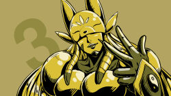Rule 34 | 1girl, armor, commentary, covered eyes, digimon, digimon (creature), digimon tamers, english commentary, fox mask, gold armor, limited palette, mask, numbered, parted lips, sakuyamon, solo, taqrider, upper body, w, yellow theme