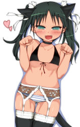 Rule 34 | 1girl, animal ears, black neckwear, blue eyes, blush, bow, bra, choker, fangs, flat chest, francesca lucchini, front-tie top, garter belt, green hair, hair ribbon, heart, highres, komusou (jinrikisha), navel, panties, paw pose, ribbon, solo, strike witches, striped clothes, striped panties, tail, thighhighs, twintails, underwear, underwear only, world witches series