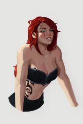 Rule 34 | 1girl, bare arms, bare shoulders, breasts, brown eyes, cleavage, collarbone, cropped legs, grey background, grin, highres, katarina (league of legends), league of legends, long hair, luzdanaee, navel, red hair, scar, scar across eye, scar on face, simple background, smile, solo, stomach, tattoo, teeth