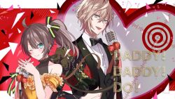Rule 34 | 1boy, 1girl, ;), ahoge, bare shoulders, black neckwear, black suit, blue eyes, blush, bow, bowtie, brown hair, buttons, closed mouth, collarbone, collared shirt, commentary, dress, duet, floral print, formal, green eyes, hair between eyes, hair ornament, heart, hololive, holostars, light brown hair, looking at viewer, medium hair, microphone, microphone stand, music, natsuiro matsuri, official art, one eye closed, open mouth, own hands together, rikka (holostars), shirt, short hair, side ponytail, sidelocks, singing, smile, steepled fingers, suit, teito (0w0kuma), upper body, virtual youtuber, white shirt, wing collar, yellow dress